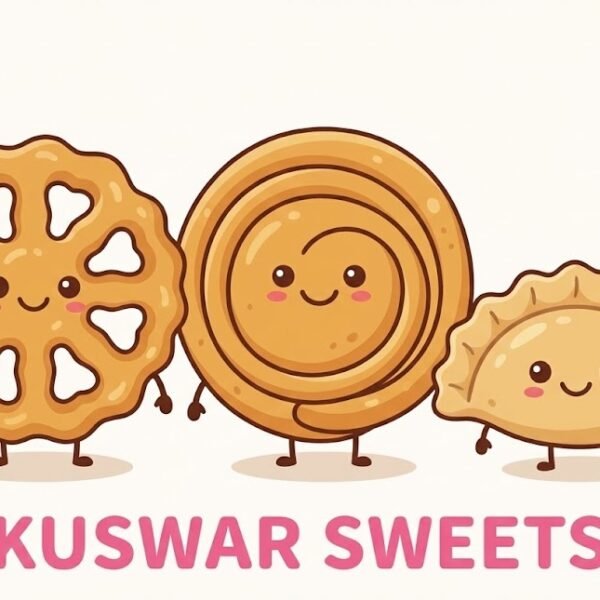 Cute kawaii illustration of traditional Mangalorean Christmas sweets. The image features a smiling golden-brown Rose Cookie character (depicted as a fried lattice wheel), standing next to a happy spiral Chakli and a crescent-shaped Nevry pastry. A semi-transparent white film covers the illustration, with the text 'KUSWAR SWEETS' in bold pink letters at the bottom.