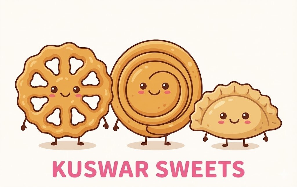 Cute kawaii illustration of traditional Mangalorean Christmas sweets. The image features a smiling golden-brown Rose Cookie character (depicted as a fried lattice wheel), standing next to a happy spiral Chakli and a crescent-shaped Nevry pastry. A semi-transparent white film covers the illustration, with the text 'KUSWAR SWEETS' in bold pink letters at the bottom.