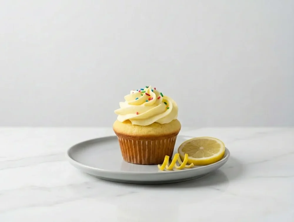 Vanilla cupcake topped with lemon cream frosting