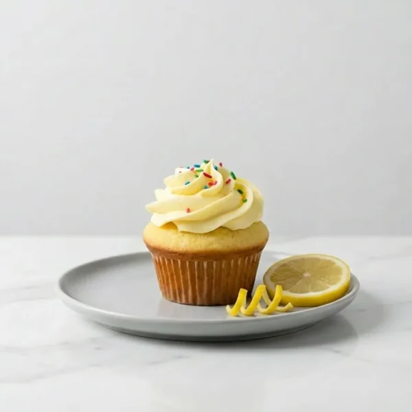 Vanilla cupcake topped with lemon cream frosting