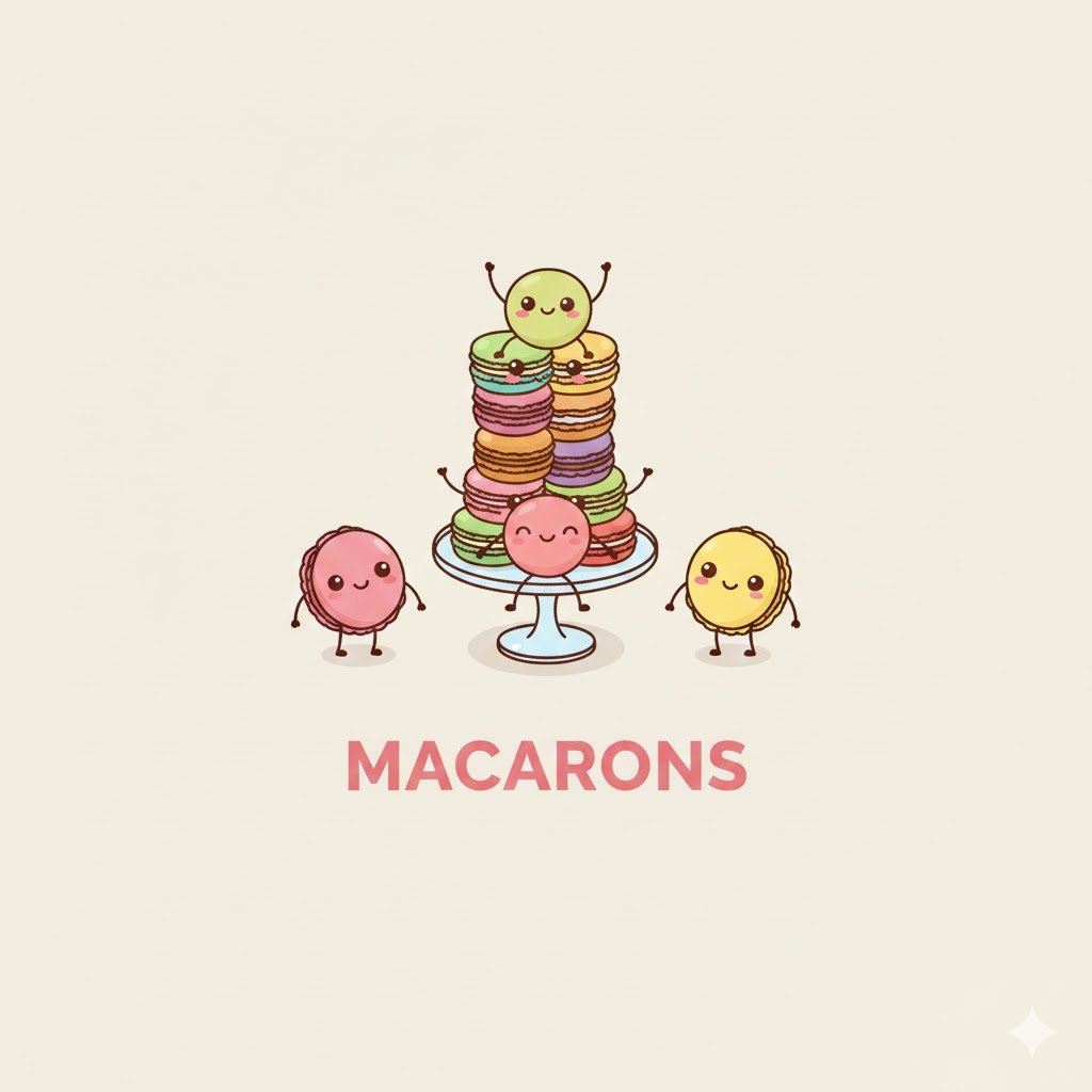 A cartoon illustration featuring three cute, anthropomorphic macaron cookies standing in a row with happy faces, small arms, and legs. On the left is a light green pistachio macaron. In the center is a bright pink raspberry macaron. On the right is a yellow lemon or vanilla macaron. Below the characters, the word "MACARONS" is written in bold pink capital letters.