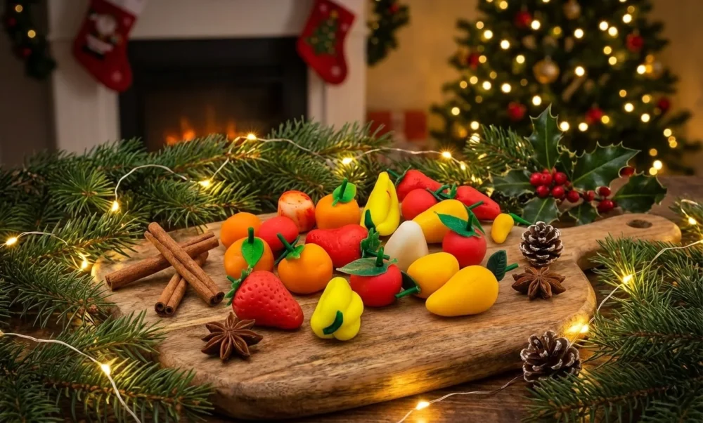 A festive wooden platter filled with bright, glossy handcrafted Marzipan fruits shaped like apples, bananas, pears, and strawberries. The platter is set against a cozy holiday background with soft Christmas lights, pine branches, and red berries.