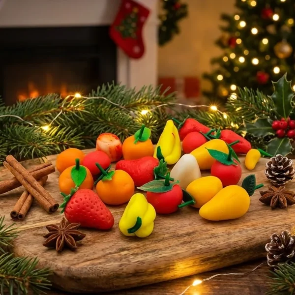 A festive wooden platter filled with bright, glossy handcrafted Marzipan fruits shaped like apples, bananas, pears, and strawberries. The platter is set against a cozy holiday background with soft Christmas lights, pine branches, and red berries.