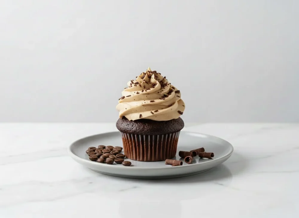 Chocolate cupcake topped with mocha cream frosting