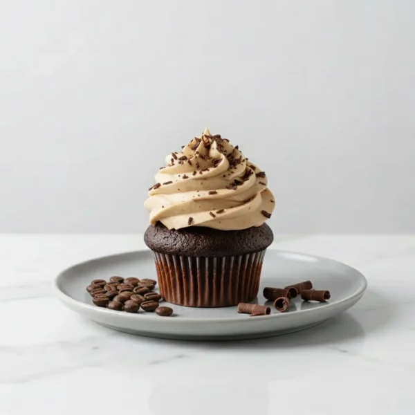Chocolate cupcake topped with mocha cream frosting