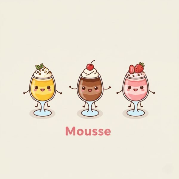 Mousse Category Image A cartoon illustration featuring three cute, anthropomorphic mousse cups standing in a row with happy faces, small arms, and legs. On the left is a dark chocolate mousse cup. In the center is a white chocolate or vanilla mousse. On the right is a pink strawberry mousse. Below the characters, the word "MOUSSE" is written in bold pink capital letters.