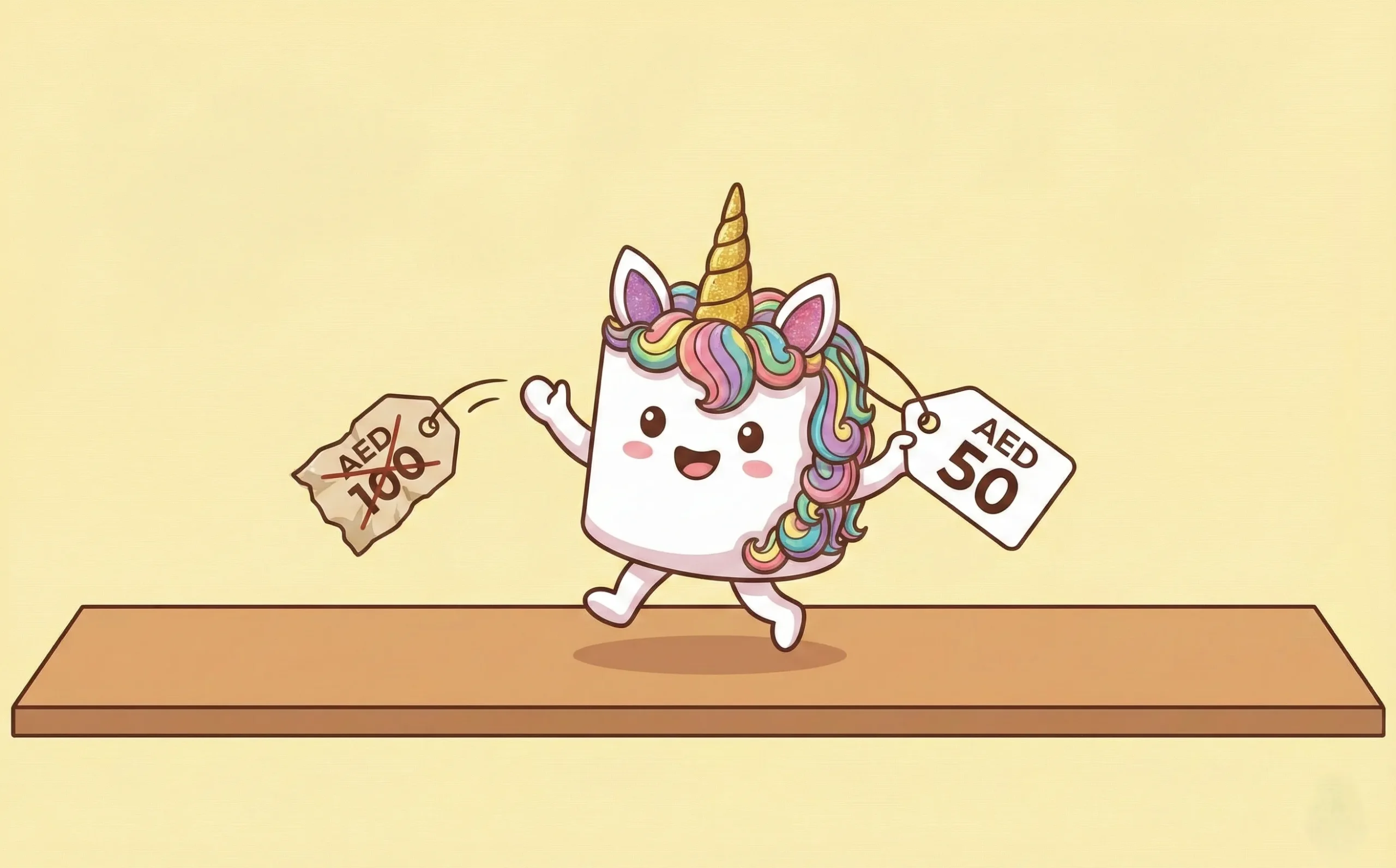 An anthropomorphic unicorn cake character, smiling and running, is throwing away a crumpled "AED 100" price tag with a red 'X' over it, while holding a new "AED 50" tag, all on a wooden shelf against a yellow background.