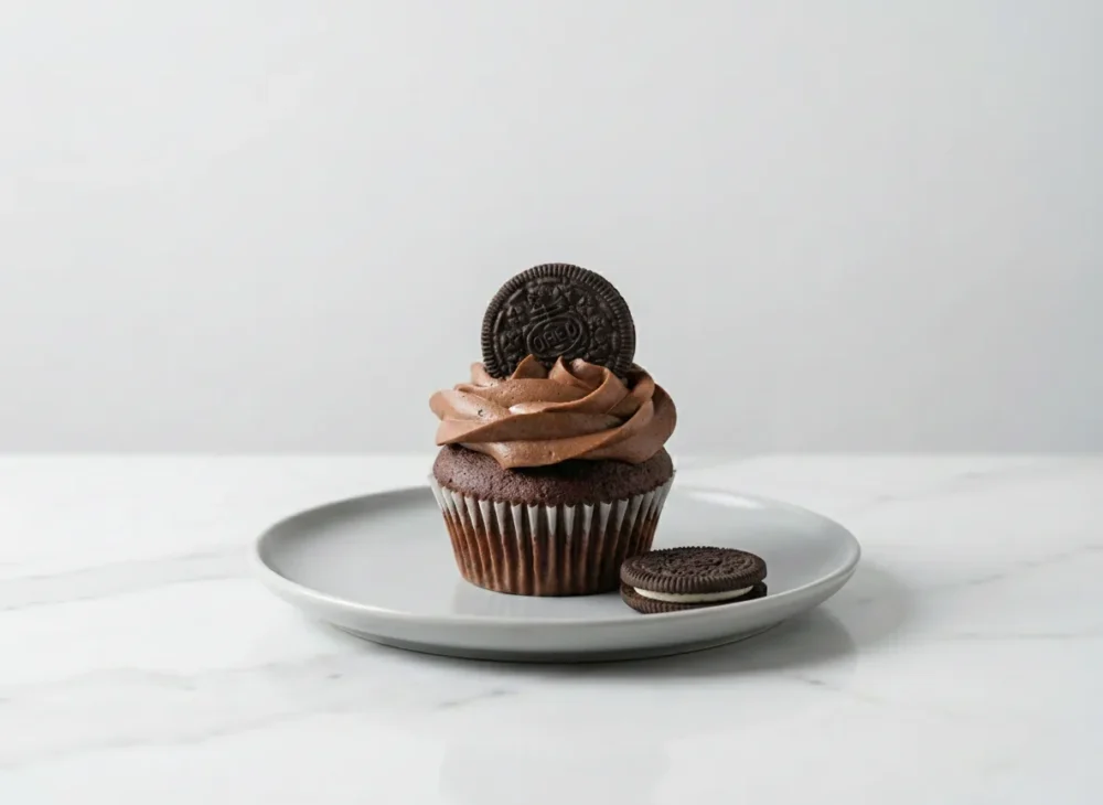 Chocolate cupcake topped with chocolate cream and an Oreo cookie