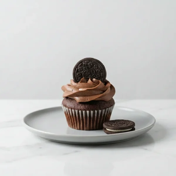 Chocolate cupcake topped with chocolate cream and an Oreo cookie