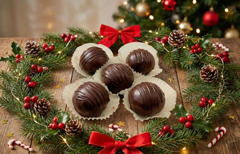 High-angle close-up of five chocolate-coated Rum Balls (Plum Cake Truffles) arranged in white paper cups on a rustic wooden table. They are surrounded by a green pine wreath with red berries, pinecones, and red bows.