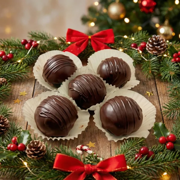 High-angle close-up of five chocolate-coated Rum Balls (Plum Cake Truffles) arranged in white paper cups on a rustic wooden table. They are surrounded by a green pine wreath with red berries, pinecones, and red bows.