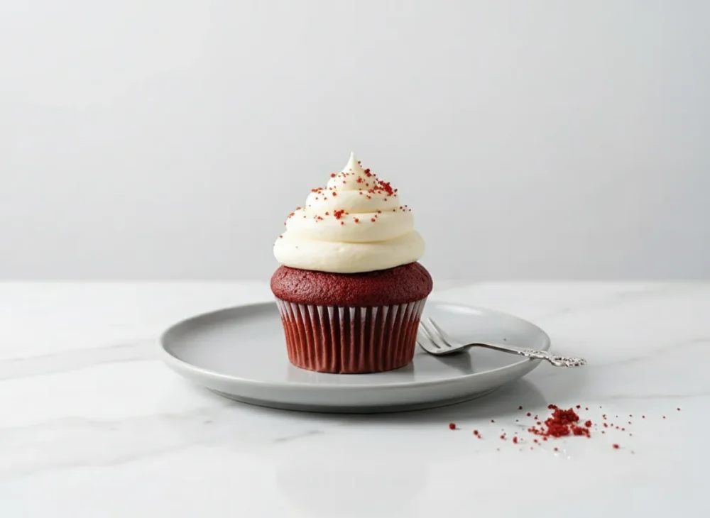 Red velvet cupcake topped with smooth cream frosting