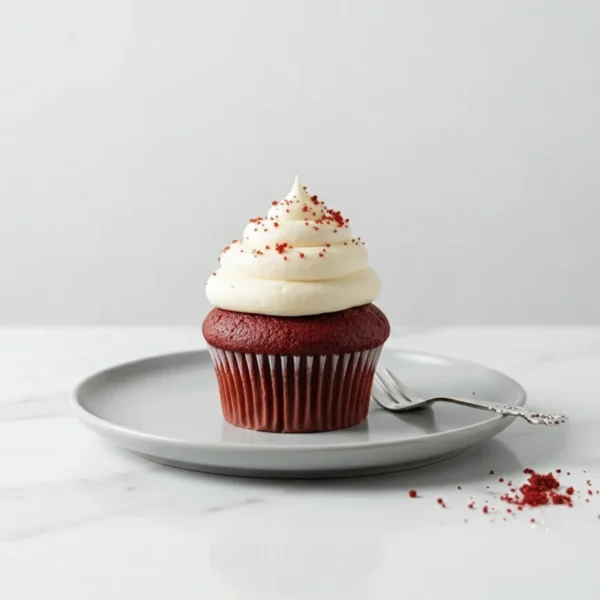 Red velvet cupcake topped with smooth cream frosting