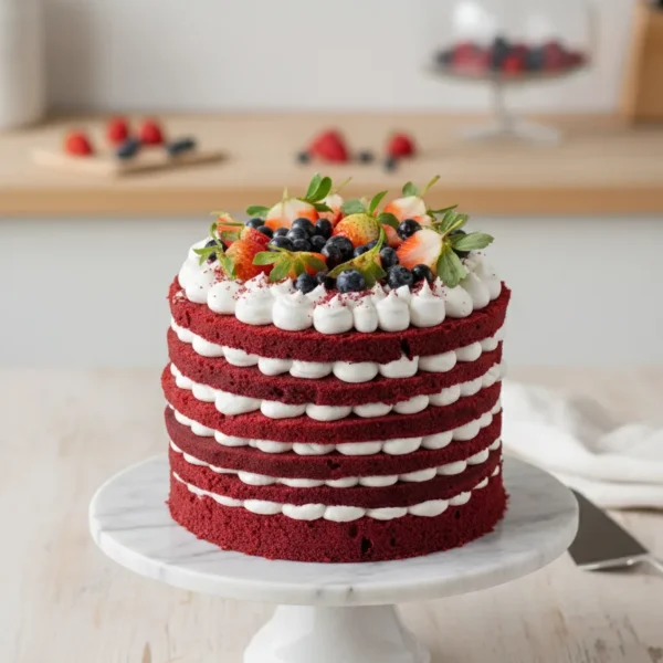 Red velvet naked cake with fresh cream, strawberries and blueberries from Winny’s Bakery Dubai