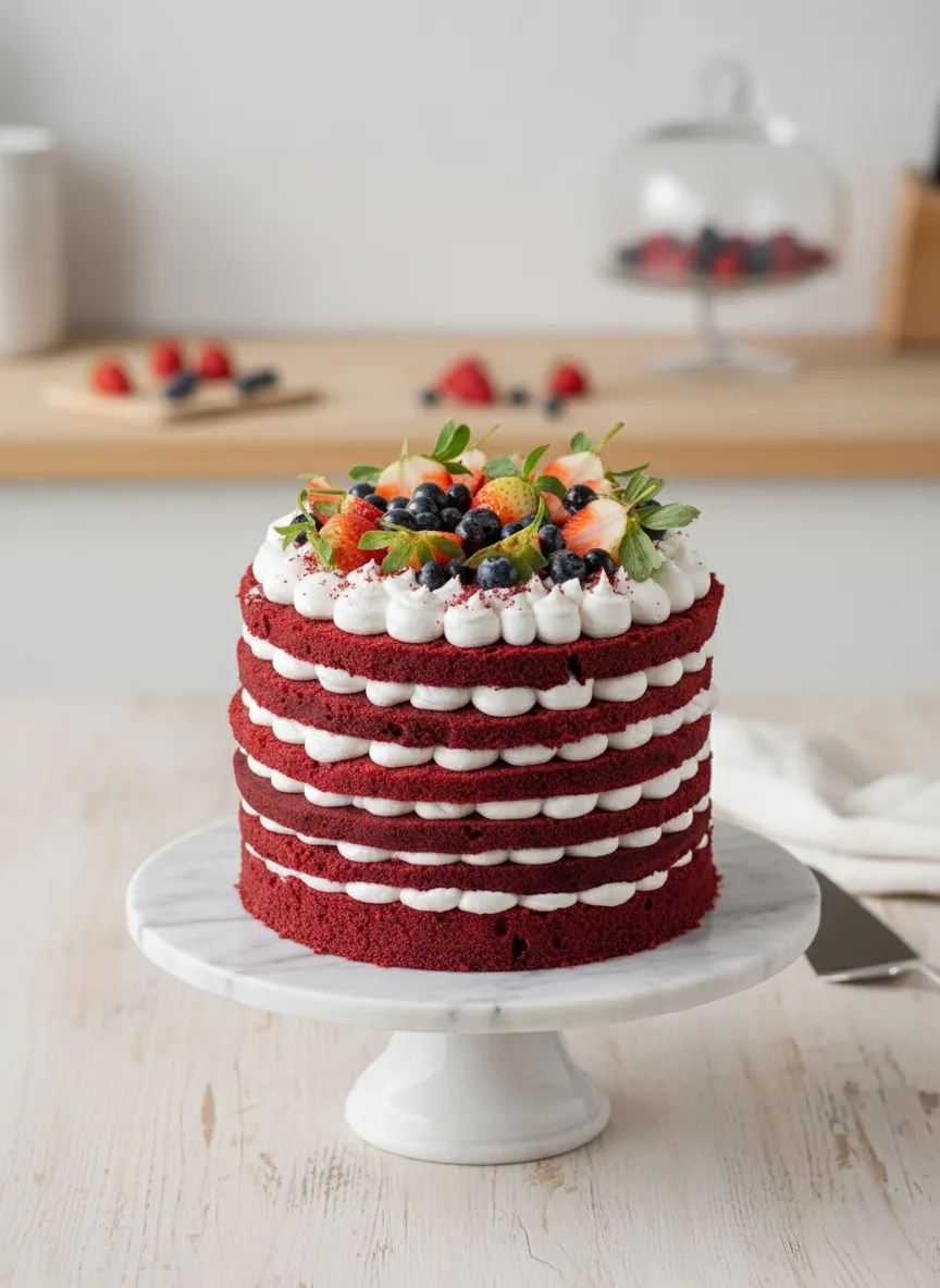 Red Velvet Naked Cake with Fresh Berries Red velvet naked cake with fresh cream, strawberries and blueberries from Winny’s Bakery Dubai