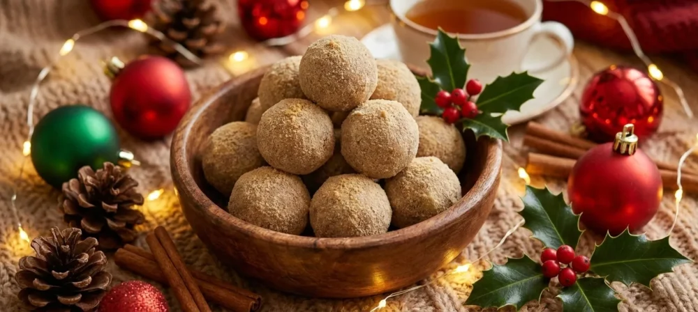 A rustic wooden bowl piled high with light brown Mangalorean Rice Laddus, coated in fine powder. The bowl is set on a beige knitted blanket, surrounded by red and green Christmas baubles, pinecones, cinnamon sticks, and holly with red berries, all under warm string lights.
