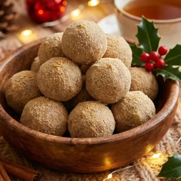 A rustic wooden bowl piled high with light brown Mangalorean Rice Laddus, coated in fine powder. The bowl is set on a beige knitted blanket, surrounded by red and green Christmas baubles, pinecones, cinnamon sticks, and holly with red berries, all under warm string lights.