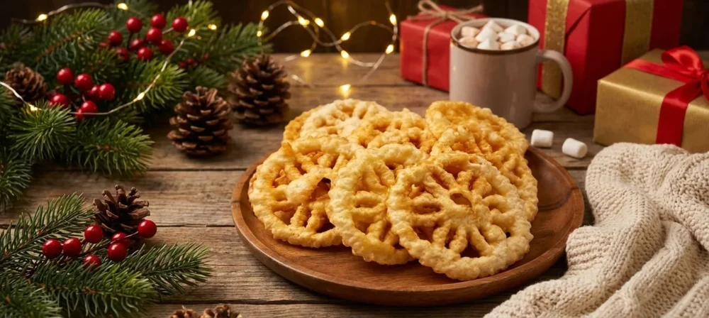 Close-up high-angle view of a pile of golden-brown Rose Cookies (Kokisan) stacked on a white plate. The cookies feature an intricate honeycomb-like flower pattern and a crispy, bubbly texture.