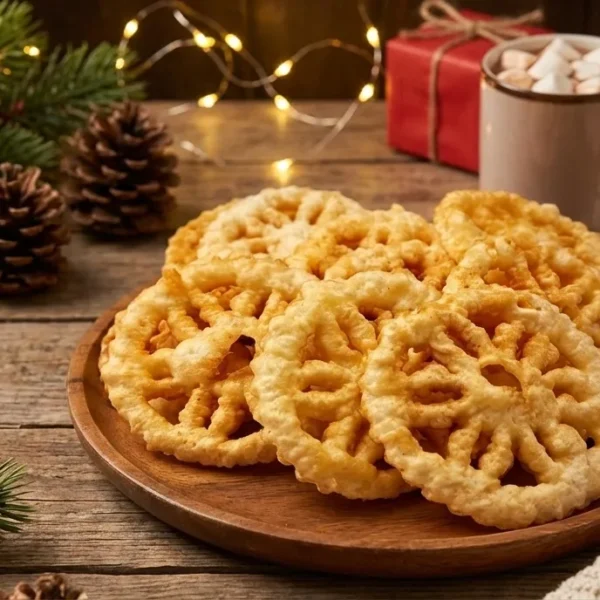 Close-up high-angle view of a pile of golden-brown Rose Cookies (Kokisan) stacked on a white plate. The cookies feature an intricate honeycomb-like flower pattern and a crispy, bubbly texture.
