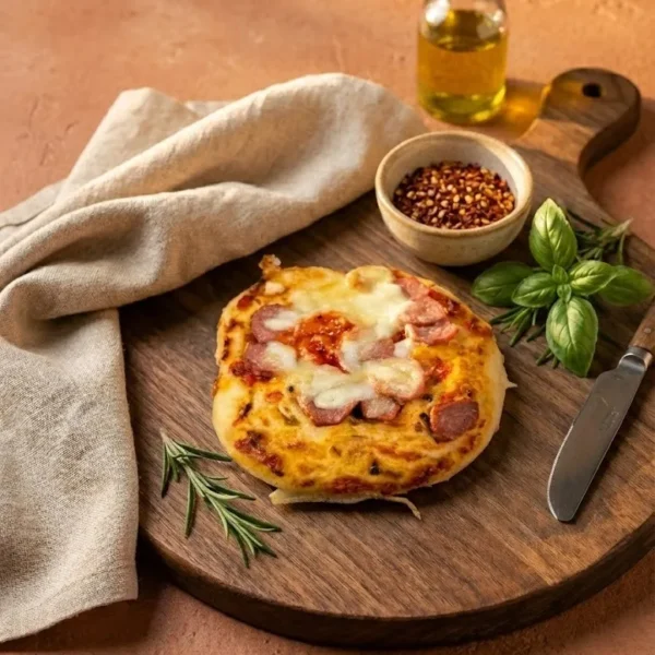 Sausage Pizza Sausage pizza topped with melted cheese and herbs, served on a wooden board.