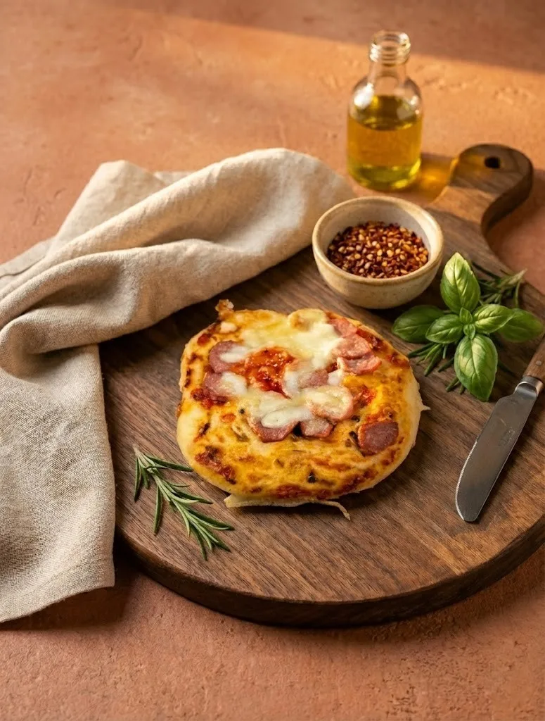 Sausage Pizza Sausage pizza topped with melted cheese and herbs, served on a wooden board.