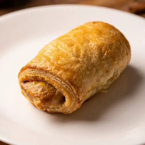 Sausage Puff Flaky sausage puff pastry served on a white plate.