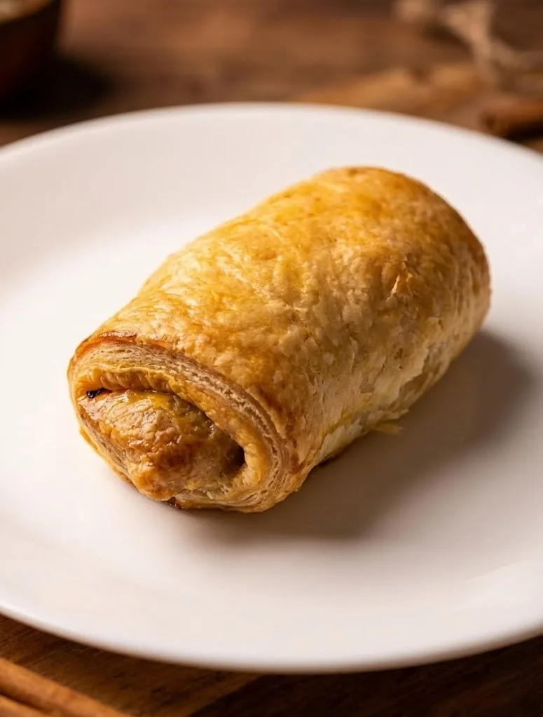 Flaky sausage puff pastry served on a white plate.