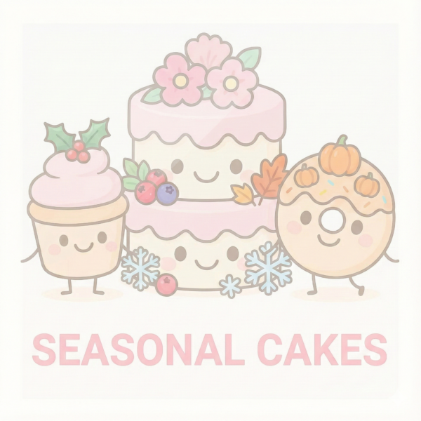 Cute kawaii illustration of three dessert characters—a cupcake with holly, a tiered cake with snowflakes, and a donut with pumpkins—covered by a semi-transparent white film. The text 'SEASONAL CAKES' appears clearly in bold pink letters at the bottom.