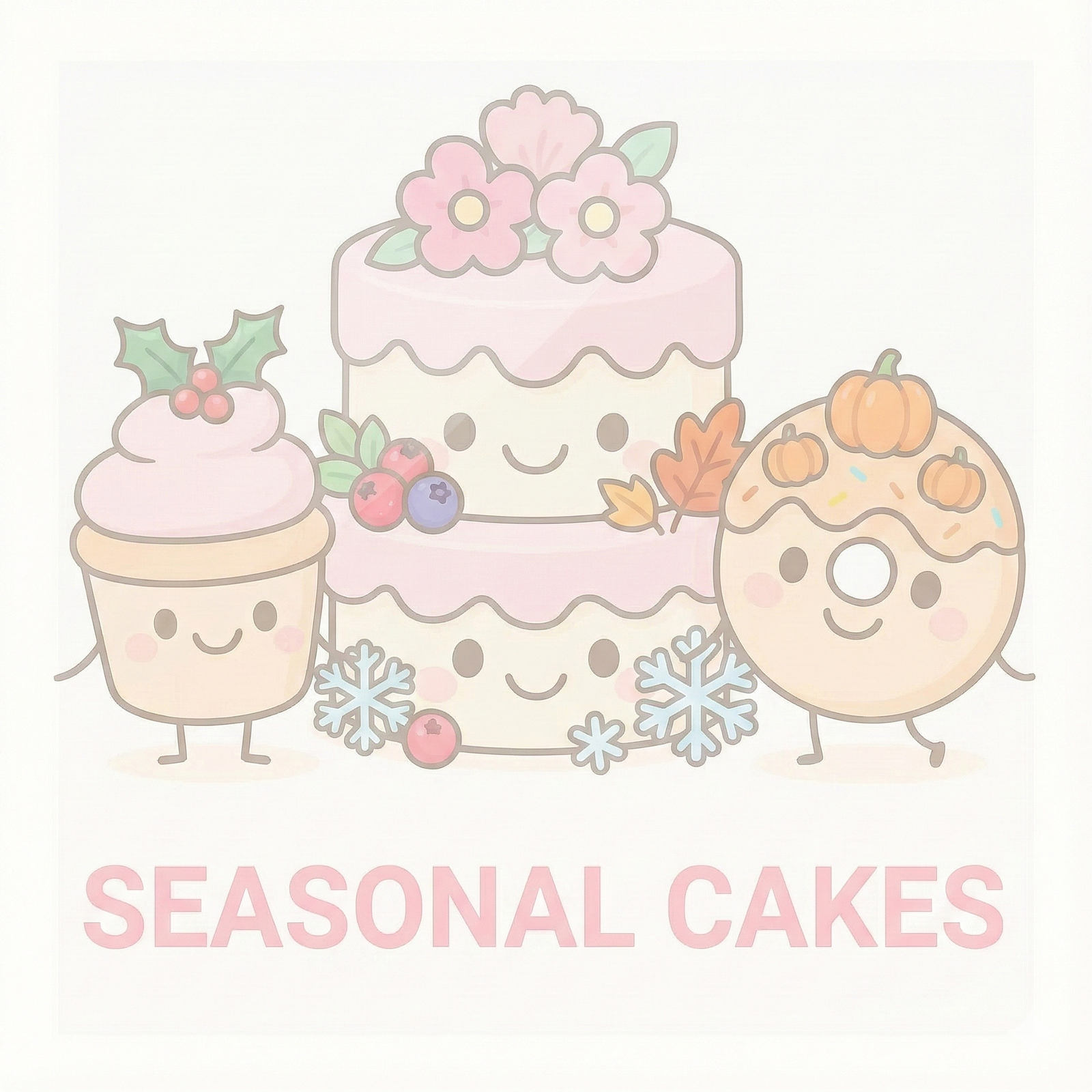 Cute kawaii illustration of three dessert characters—a cupcake with holly, a tiered cake with snowflakes, and a donut with pumpkins—covered by a semi-transparent white film. The text 'SEASONAL CAKES' appears clearly in bold pink letters at the bottom.