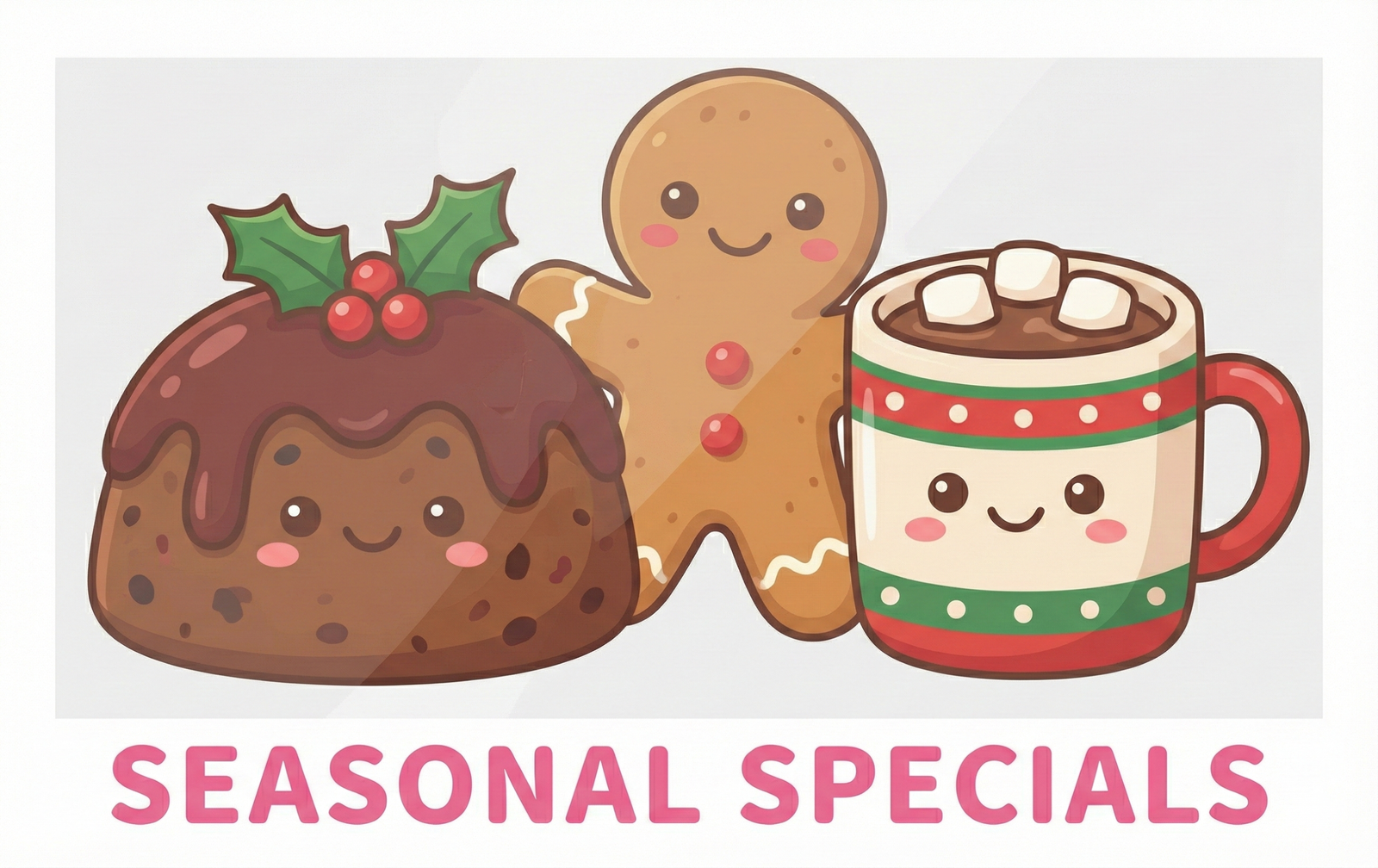 A cute Kawaii Plum Cake (representing the cakes) standing next to a Gingerbread Man (representing the dry sweets/cookies) and a Hot Cocoa Mug (representing the cozy season).