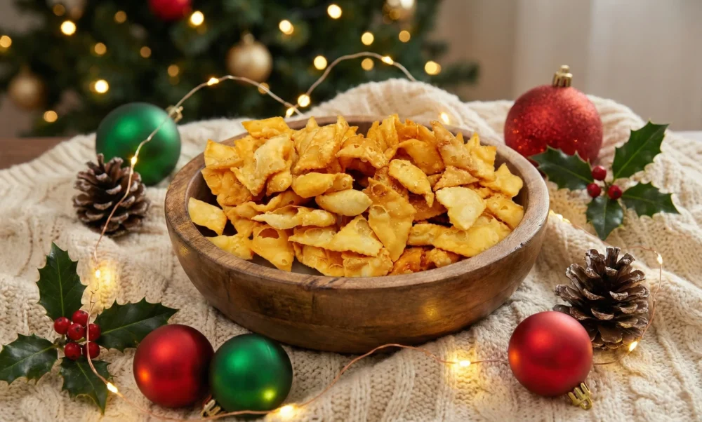 A rustic wooden bowl piled high with golden-brown, fried Thukudi snacks in diamond and square shapes. The bowl rests on a cozy knitted blanket surrounded by red and green Christmas baubles, pinecones, holly sprigs, and warm fairy lights with a decorated tree in the background.