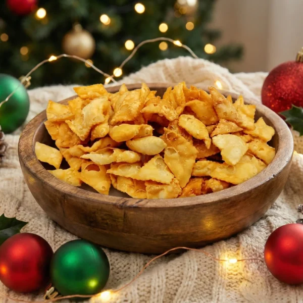 A rustic wooden bowl piled high with golden-brown, fried Thukudi snacks in diamond and square shapes. The bowl rests on a cozy knitted blanket surrounded by red and green Christmas baubles, pinecones, holly sprigs, and warm fairy lights with a decorated tree in the background.