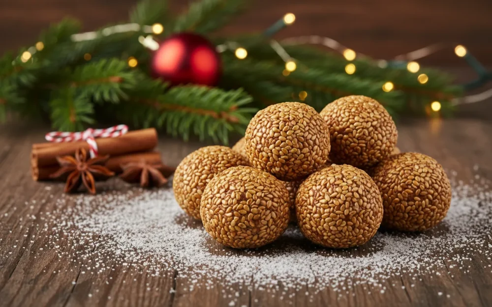 Stack of round, golden-brown Til Laddus (Sesame Jaggery Balls) arranged on a festive plate, surrounded by Christmas ornaments and warm fairy lights, traditional Kuswar sweet.