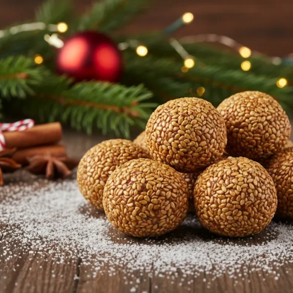 Stack of round, golden-brown Til Laddus (Sesame Jaggery Balls) arranged on a festive plate, surrounded by Christmas ornaments and warm fairy lights, traditional Kuswar sweet.