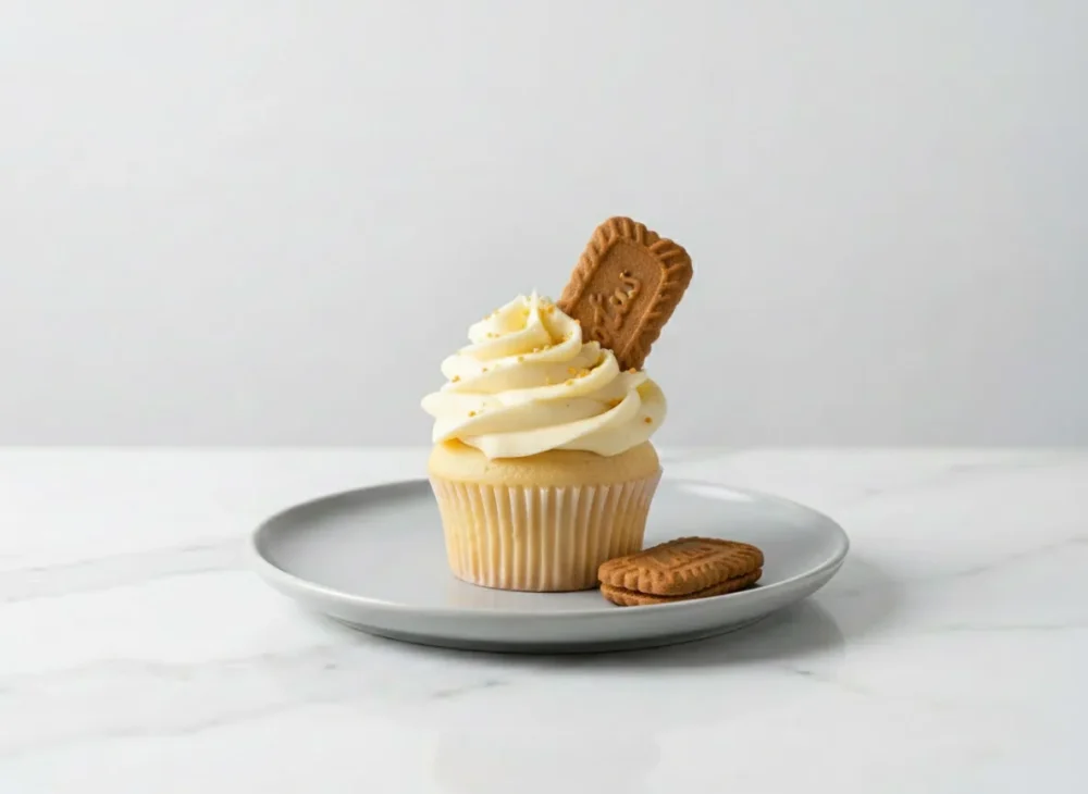 Vanilla cupcake topped with Biscoff cream and a Lotus Biscoff biscuit