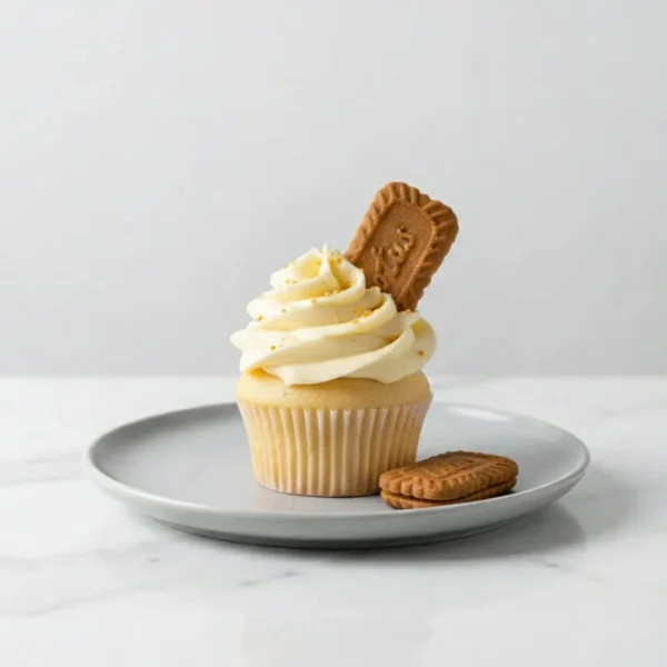 Vanilla cupcake topped with Biscoff cream and a Lotus Biscoff biscuit