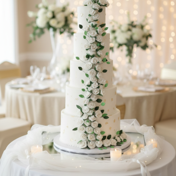 Luxury White Wedding Cake – Custom Order Dubai Elegant custom wedding cake with cascading white florals, made to order for weddings in Dubai.