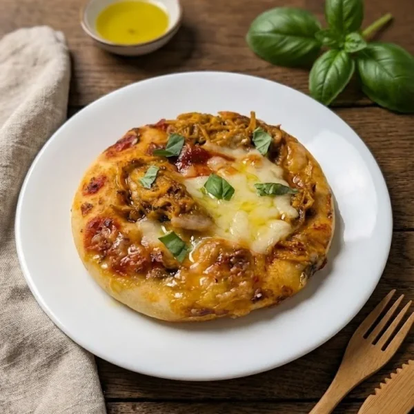 chicken pizza Chicken pizza topped with melted cheese and herbs, served on a white plate.