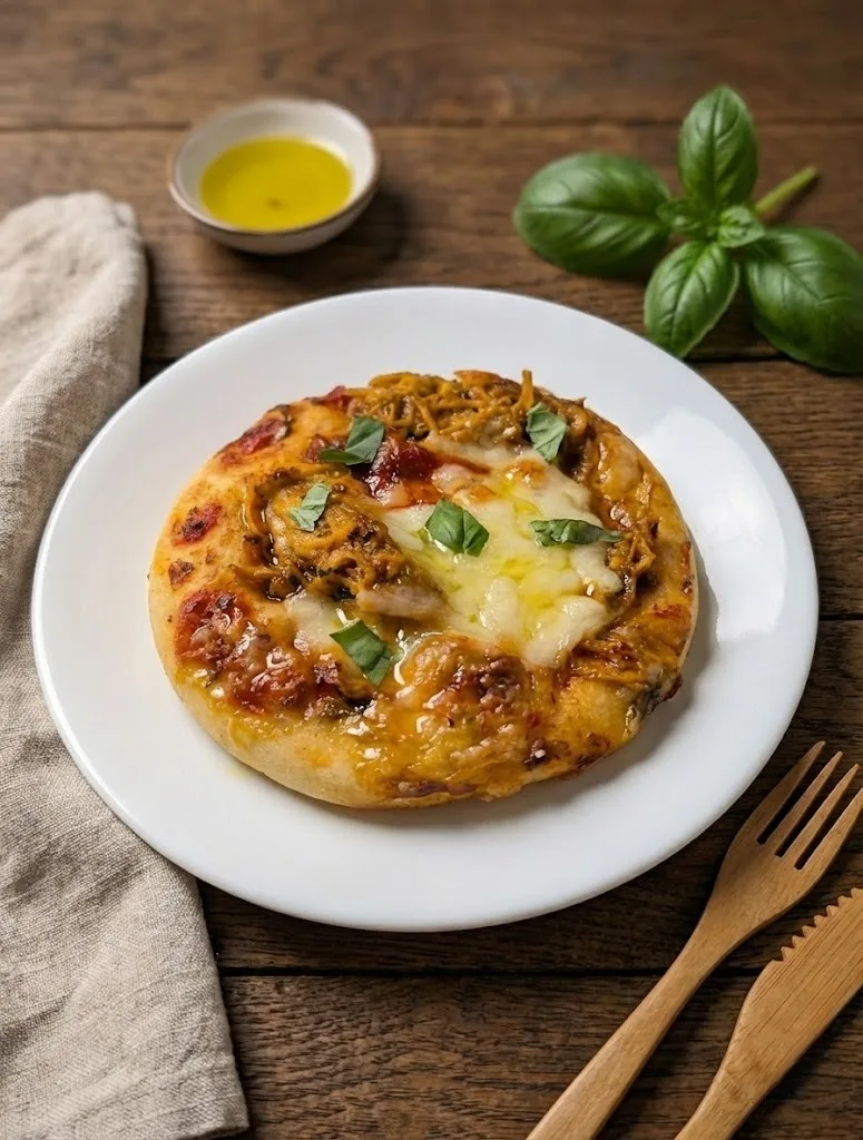 Chicken pizza topped with melted cheese and herbs, served on a white plate.