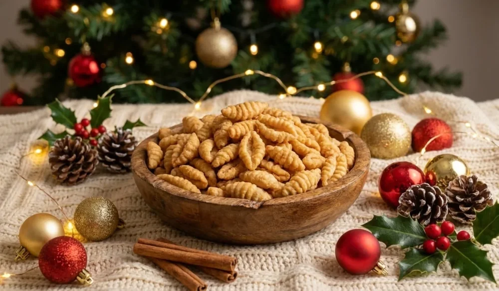 A rustic wooden bowl overflowing with golden-brown, shell-shaped Kulkuls. The bowl is placed on a cream knitted blanket amid festive Christmas decorations, including red and gold baubles, pinecones, cinnamon sticks, holly, and warm string lights, with a lit Christmas tree in the background.