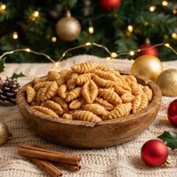 A rustic wooden bowl overflowing with golden-brown, shell-shaped Kulkuls. The bowl is placed on a cream knitted blanket amid festive Christmas decorations, including red and gold baubles, pinecones, cinnamon sticks, holly, and warm string lights, with a lit Christmas tree in the background.