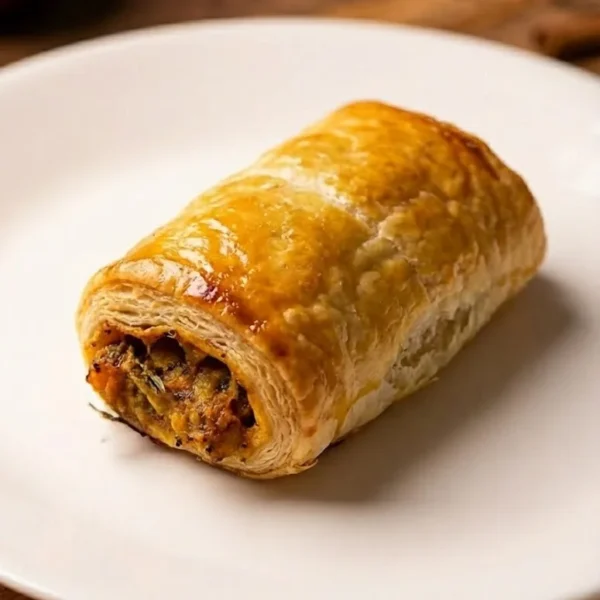 Flaky veg puff pastry with spiced vegetable filling, served on a white plate.