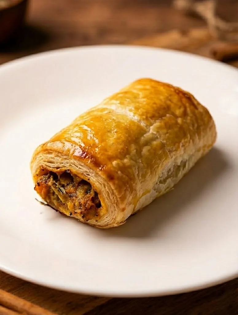 Flaky veg puff pastry with spiced vegetable filling, served on a white plate.