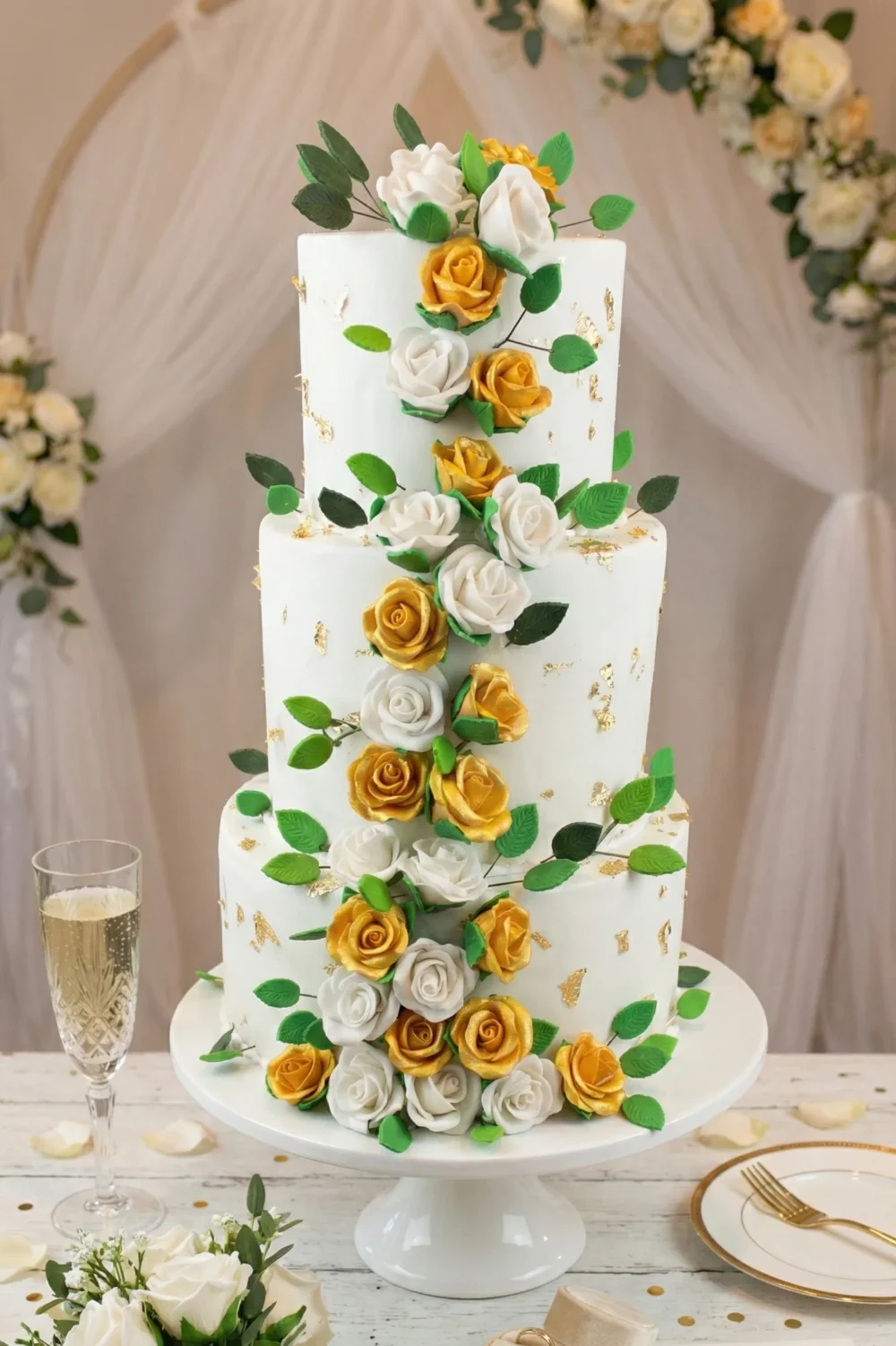 Three-tier white wedding cake featuring cascading gold and white roses, green foliage, and scattered gold leaf accents.